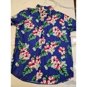 Sara USA Hawaiian Button Up Shirt Mens L Blue Floral Leaf Cruise Beach Cotton